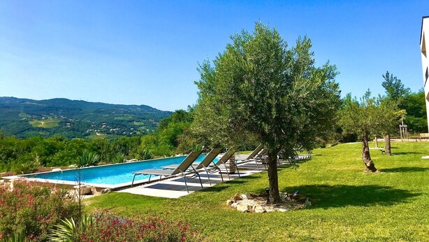 A swimming pool with lounge chairs, a tree, and a view of hills in the background.
