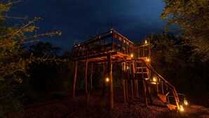 A wooden deck structure with a staircase and lanterns, surrounded by trees. - Makini Bush Camp (Kataragama)