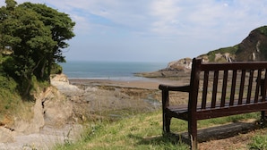 A bench overlooking a coastal landscape with a view of the sea and cliffs. - 6 Manleigh Park (Ilfracombe)