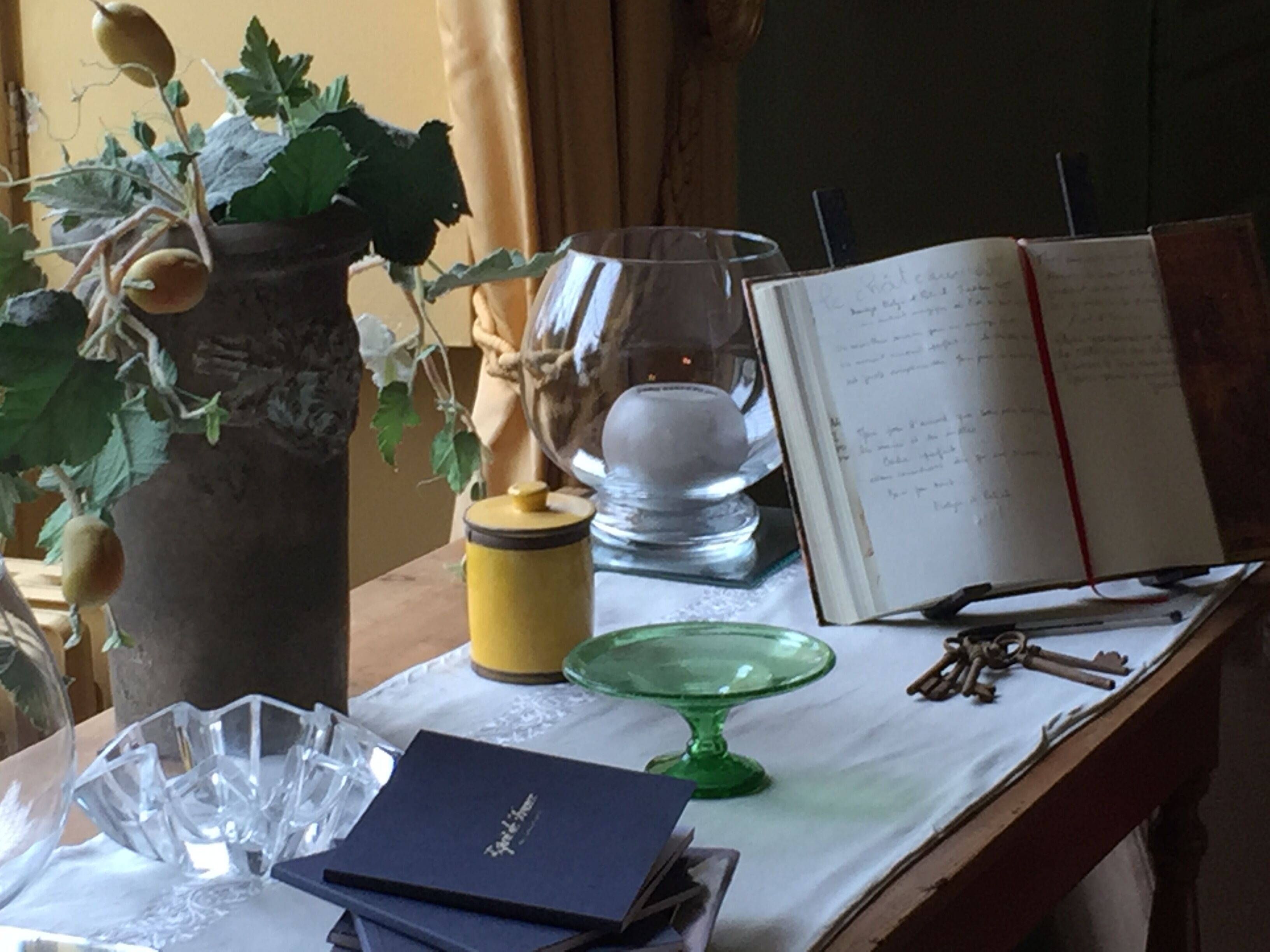 Uma mesa com um vaso de planta, um vaso de vidro, um livro, um recipiente amarelo, um prato de vidro verde e algumas chaves.