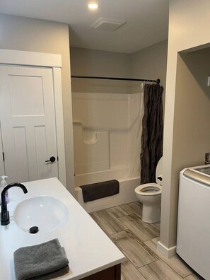 Combined shower/bathtub, hair dryer