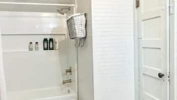Hair dryer, towels, soap, shampoo