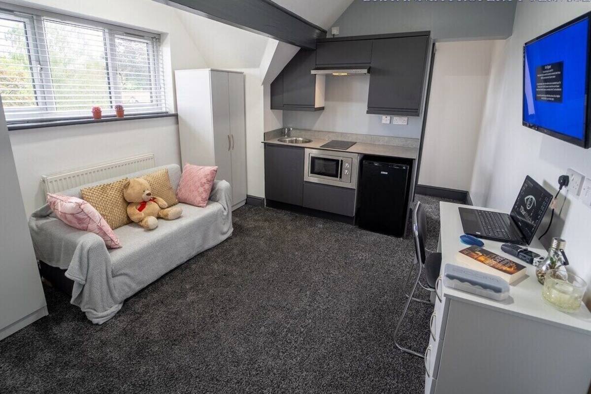 Ein kleines Zimmer mit einer Küchenzeile, einem Sofa mit Teddybär, einem Schreibtisch mit Laptop und einem Fenster mit Jalousien.