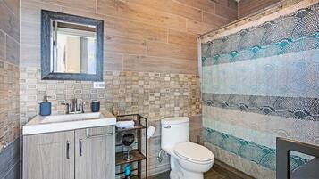 A bathroom with a wooden floor, a sink with a mirror, a toilet, and a patterned shower curtain.