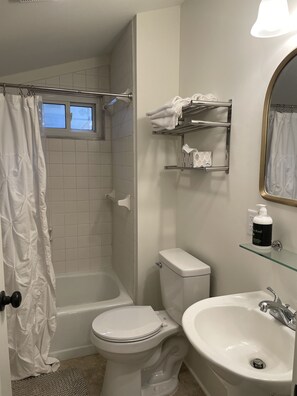 Shower, hair dryer, towels, soap