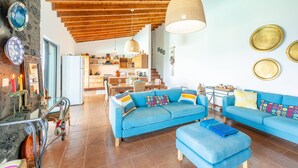 Un espacio habitable amplio con un sofá azul, techo de madera y una cocina al fondo.