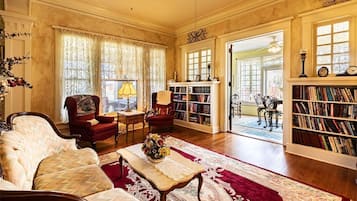 TV, fireplace, books