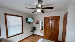 A bedroom with a ceiling fan, a TV, a large window with blinds, a wooden door, and a potted plant.