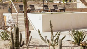 Área de piscina com espreguiçadeiras, um jardim de cactos e uma escadaria que leva a um edifício.