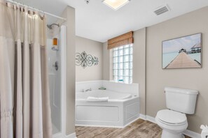 Jetted tub, hair dryer, towels, soap