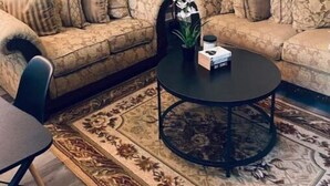Un salon comprenant deux canapés, une table basse, un fauteuil, une plante en pot et un élément décoratif mural.