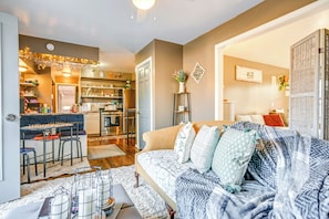 TV, fireplace, books
