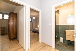 Shower, hair dryer, bidet, towels