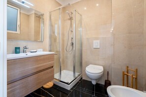 Shower, hair dryer, bidet, towels