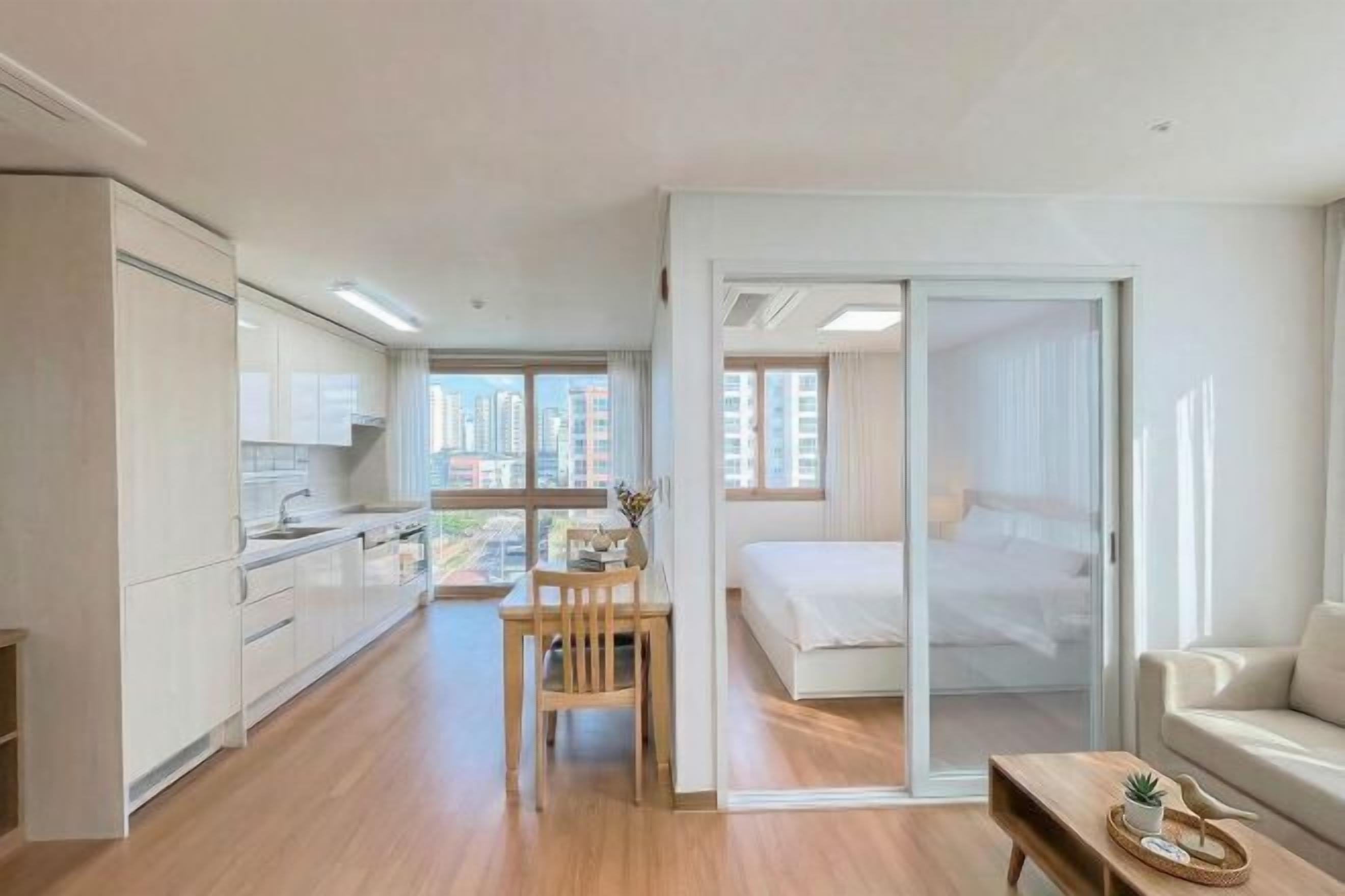 1 bedroom, desk, laptop workspace, blackout curtains