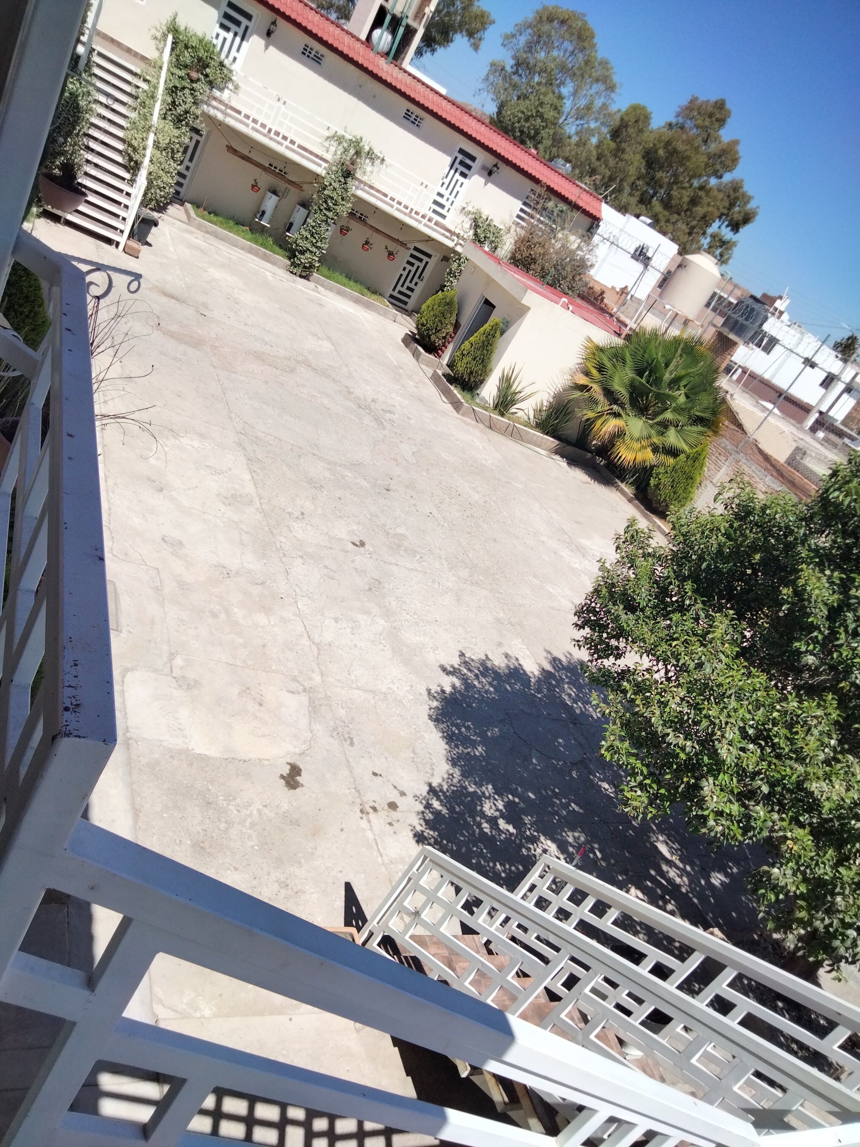 Un amplio espacio al aire libre con piso de concreto, rodeado de follaje y un edificio con techo rojo.