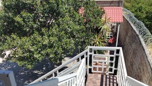 Una scala con ringhiere bianche conduce a una terrazza sul tetto, con un tetto rosso e vegetazione sullo sfondo.