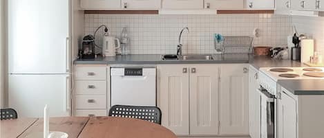 Fridge, stovetop, dishwasher, coffee/tea maker