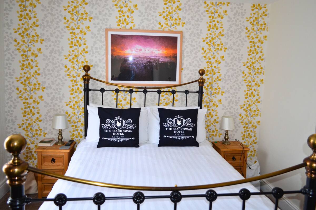 Una cama con cabecera, dos almohadas, una mesita de noche con lámpara y un cuadro en la pared.
