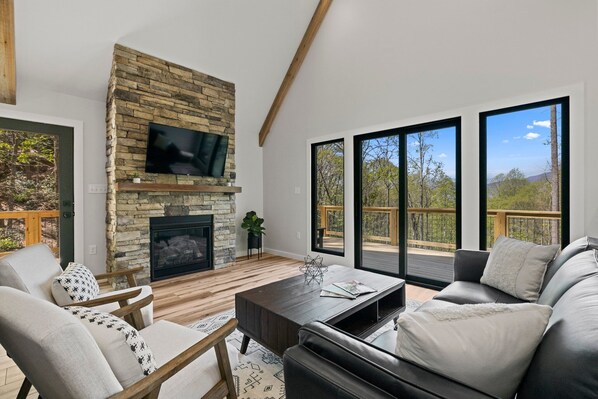 Smart TV, chimenea y libros 