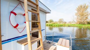 A boat with a wooden ladder, a lifebuoy, and a view of a river with trees and a herd of cattle.