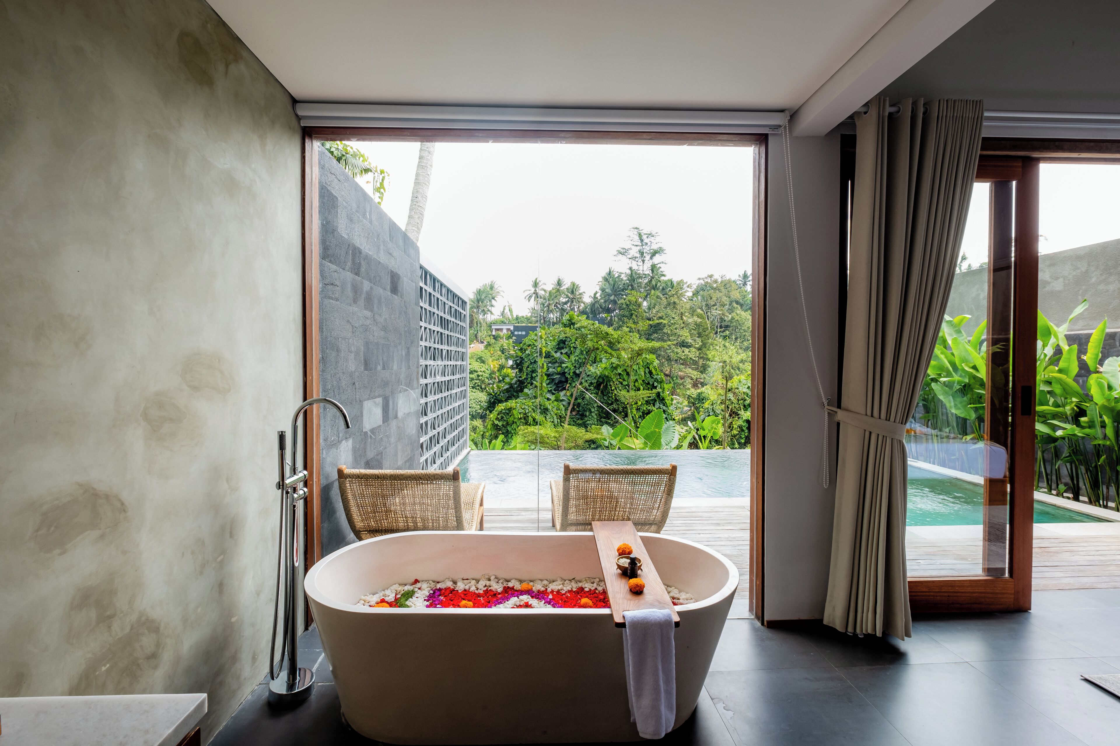 Shower, bathrobes, slippers, towels