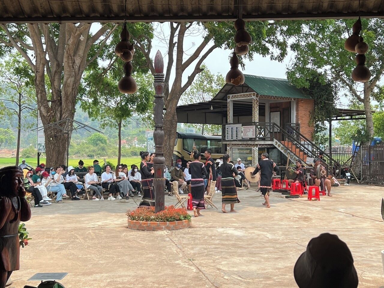An outdoor gathering with people seated and standing, a building with a green roof, and a tree in the foreground.