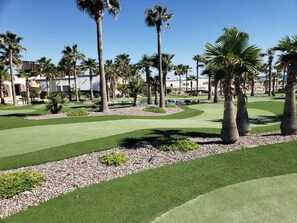 A golf course with well-manicured grass, palm trees, and a clear sky. - Condo with View of El Malecón (Puerto Peñasco)