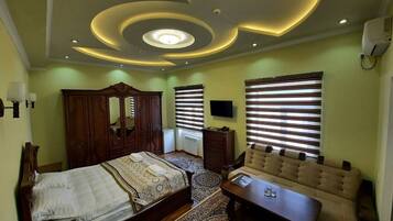 Un dormitorio con cama, sofá, televisor y armario.