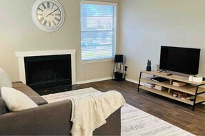 Smart TV, fireplace, books