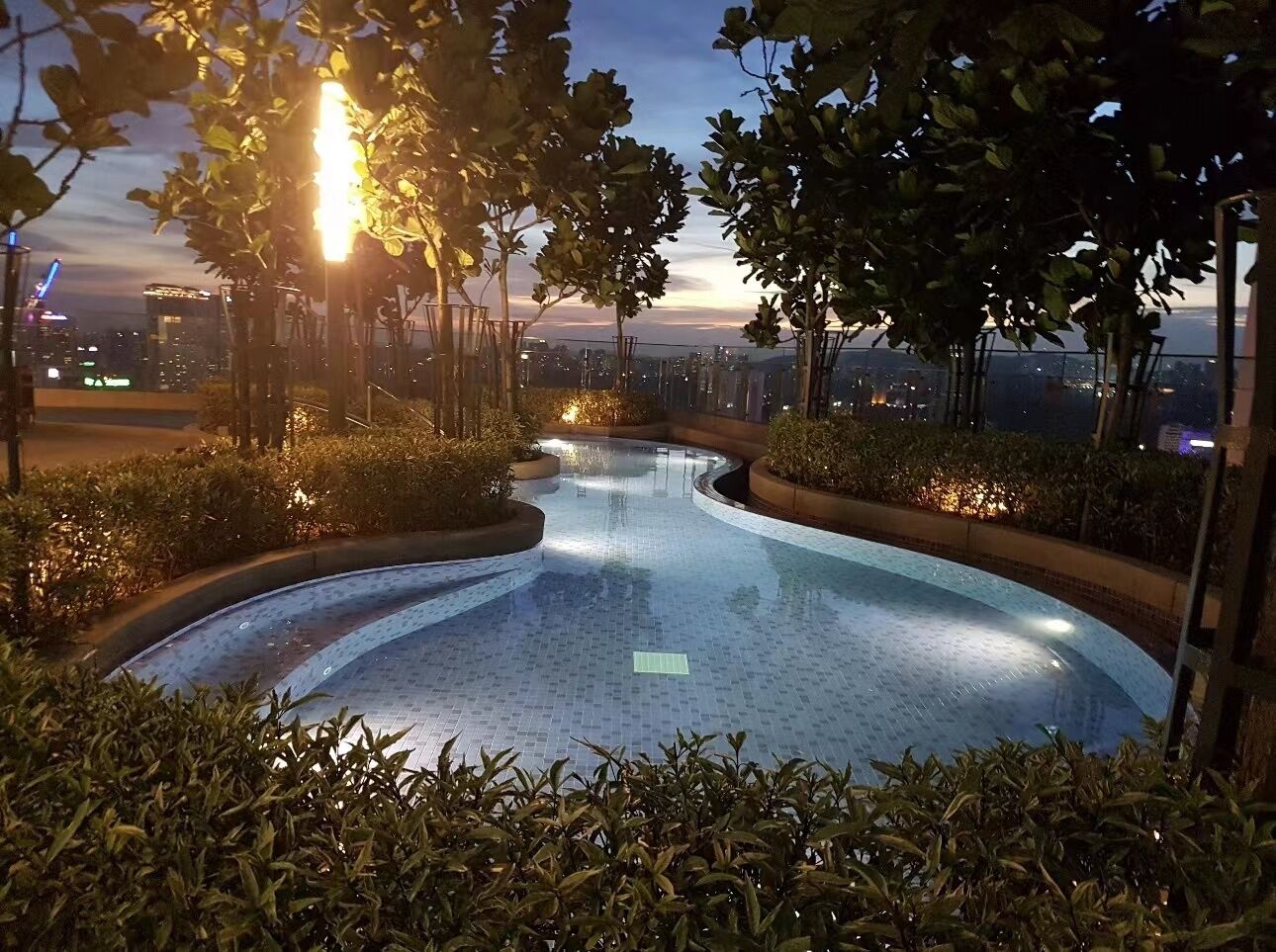 A swimming pool surrounded by greenery, with a cityscape in the background.