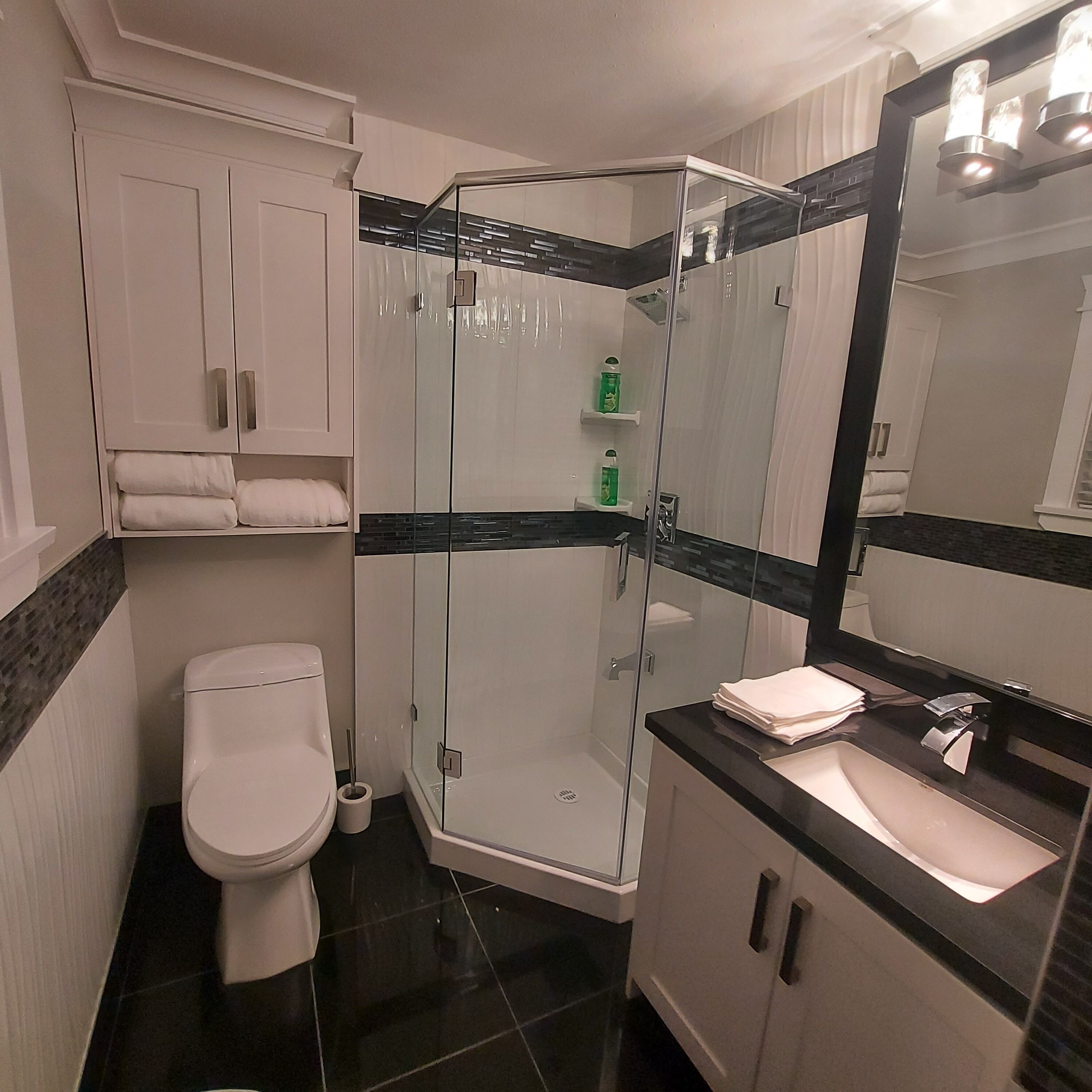 Un baño moderno con ducha envuelta en vidrio, inodoro blanco y tocador con espejo.