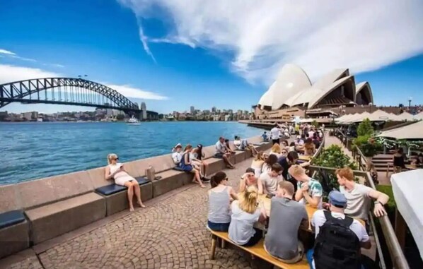 Enjoy the vibrant waterfront scene with stunning views of the Sydney Opera House and a picturesque bridge.