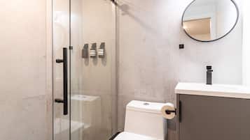 Rainfall showerhead, hair dryer, slippers, towels