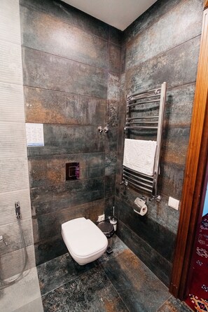 A bathroom with dark stone walls, a white toilet, a towel rack, and a shower area. - Sota Metekhi (Tbilisi)