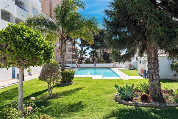 Una piscina rodeada de césped cuidado, palmeras y un pequeño jardín con flores.