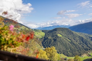 A mountainous landscape with a valley, houses, and a forested area.
