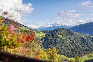 Paisaje montañoso con valle, casas y zona boscosa.