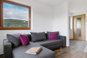 A modern living room with a grey sofa, a window with a view of a forested hill, and a wooden door.