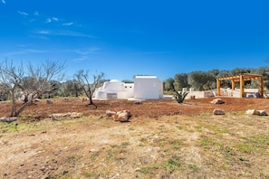 A white building with a pergola in a landscaped area.