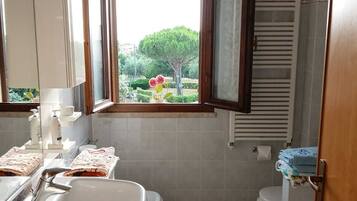 Haartrockner, Bidet, Handtücher, Toilettenpapier