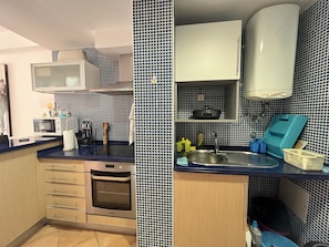 Apartment | Private kitchen | Full-size fridge, microwave, oven, stovetop