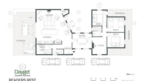 A floor plan of a hotel with a lounge, kitchen, dining area, living room, and three bedrooms. - Reader's Rest - dog friendly accommodation in Clunes! (Clunes)