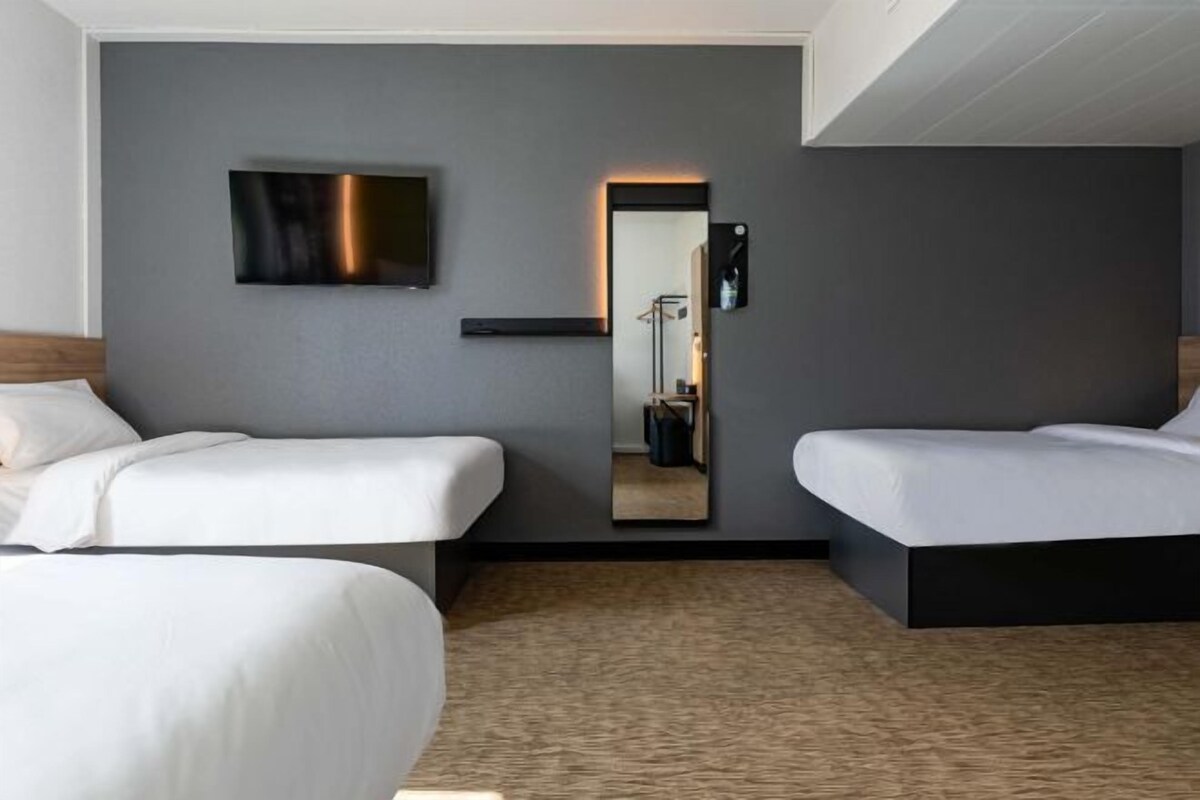 Quarto de hotel com duas camas, televisão de tela plana, espelho e piso coberto de carpete.