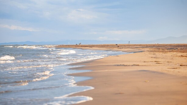 A beach with waves, a clear sky, and distant mountains.