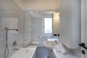 Shower, hair dryer, bidet, towels