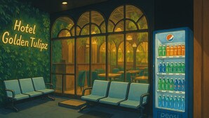 A hotel lobby with a seating area, a large window with a view of trees, and a Pepsi refrigerator. - HOTEL GOLDEN TULIPZ (Mumbai)