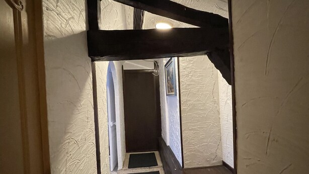 Ein schmales Dielenkorridor mit Holzbalkendecke, Teppichboden und einer Tür am Ende.