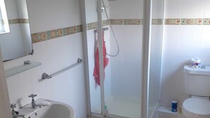 A bathroom with a glass-enclosed shower, a sink, a toilet, and a mirror. -  3 bed 3 bath villa on the west coast (Saint James)