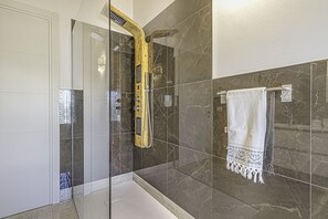 Shower, hair dryer, bidet, towels